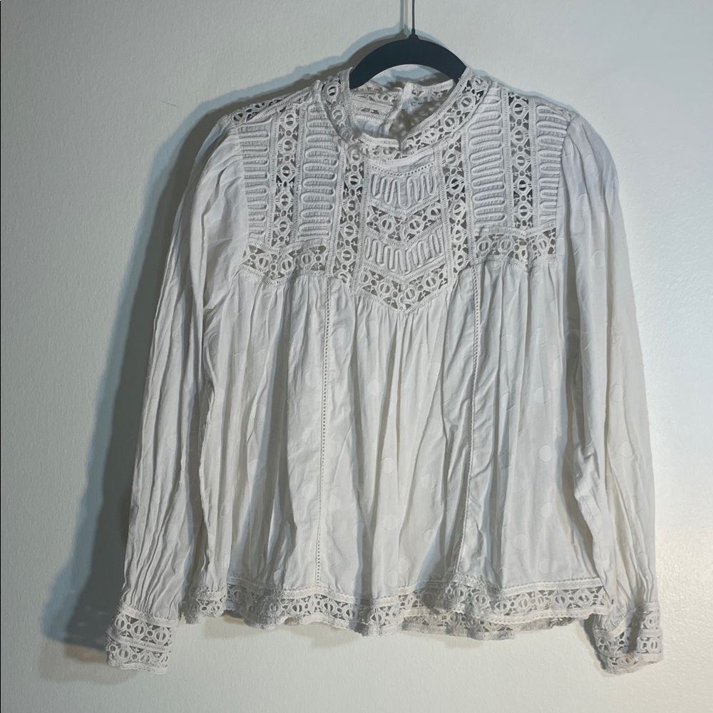 Cream Lace Blouse Intricate Crochet Detail Long Sleeve Size L